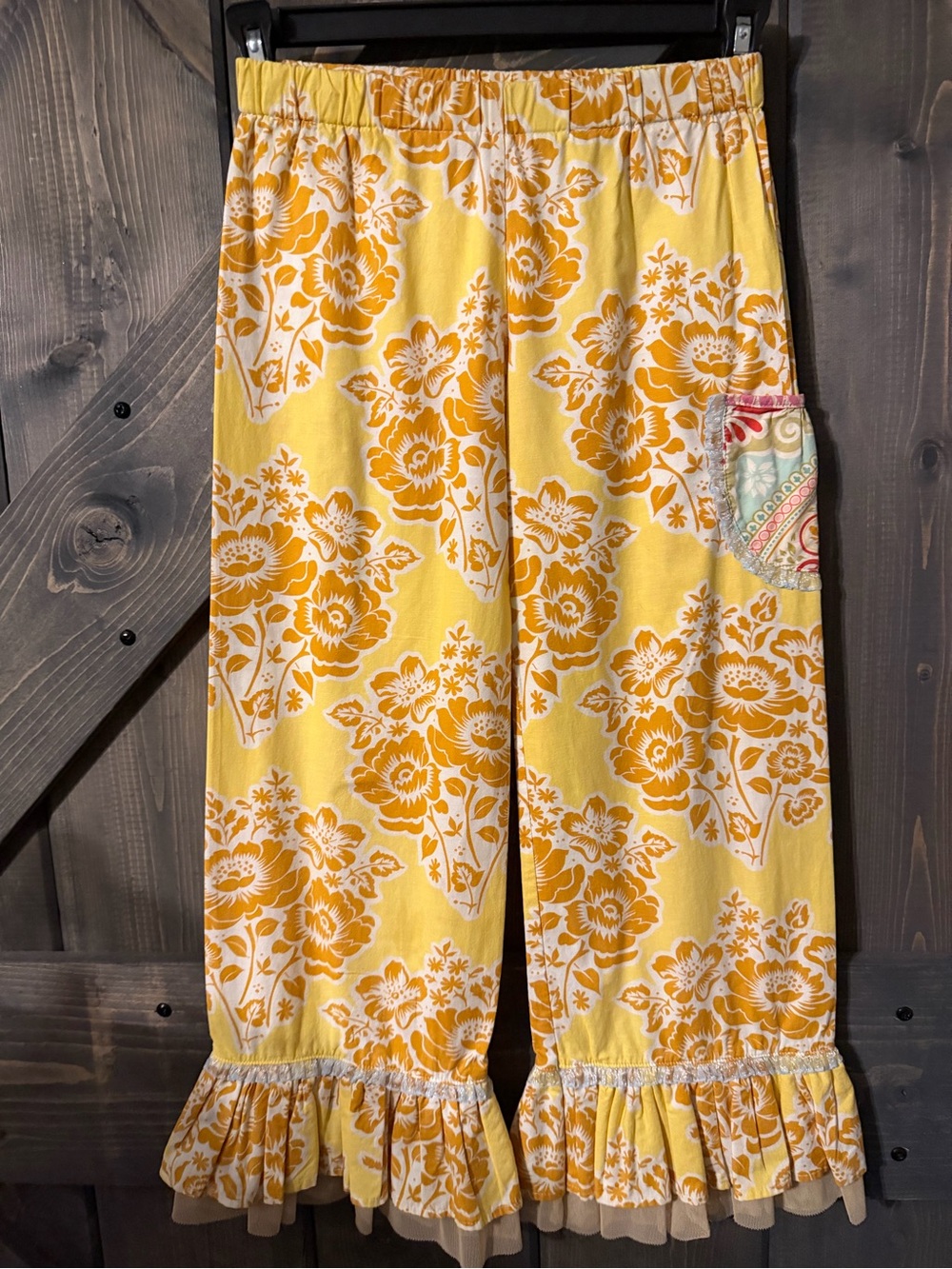 Georgia Grace Yellow and Orange Floral Ruffle-Hem Pants Size 7